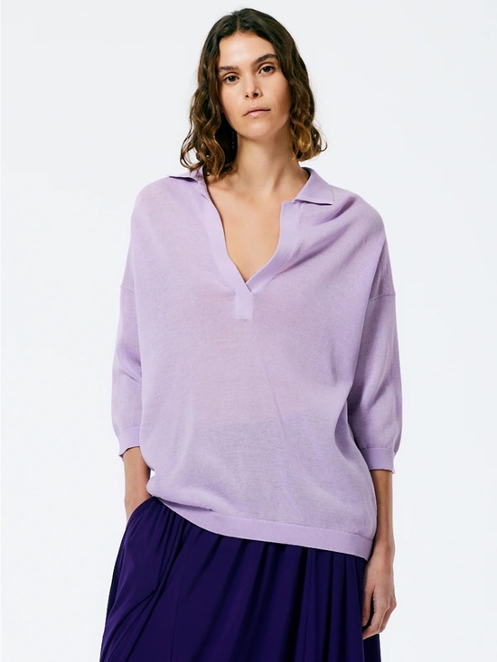 Tibi Tops - TIBI Crispy Viscose Sweater Easy Polo in Dusty Lavender